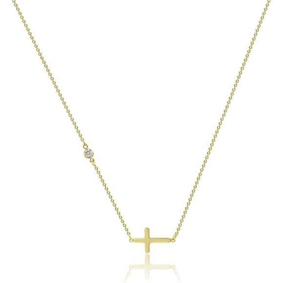 JECOMY Dainty Cross Necklace for Women 14K Gold Plated Cubic Zirconia Cross - Picture 1 of 7